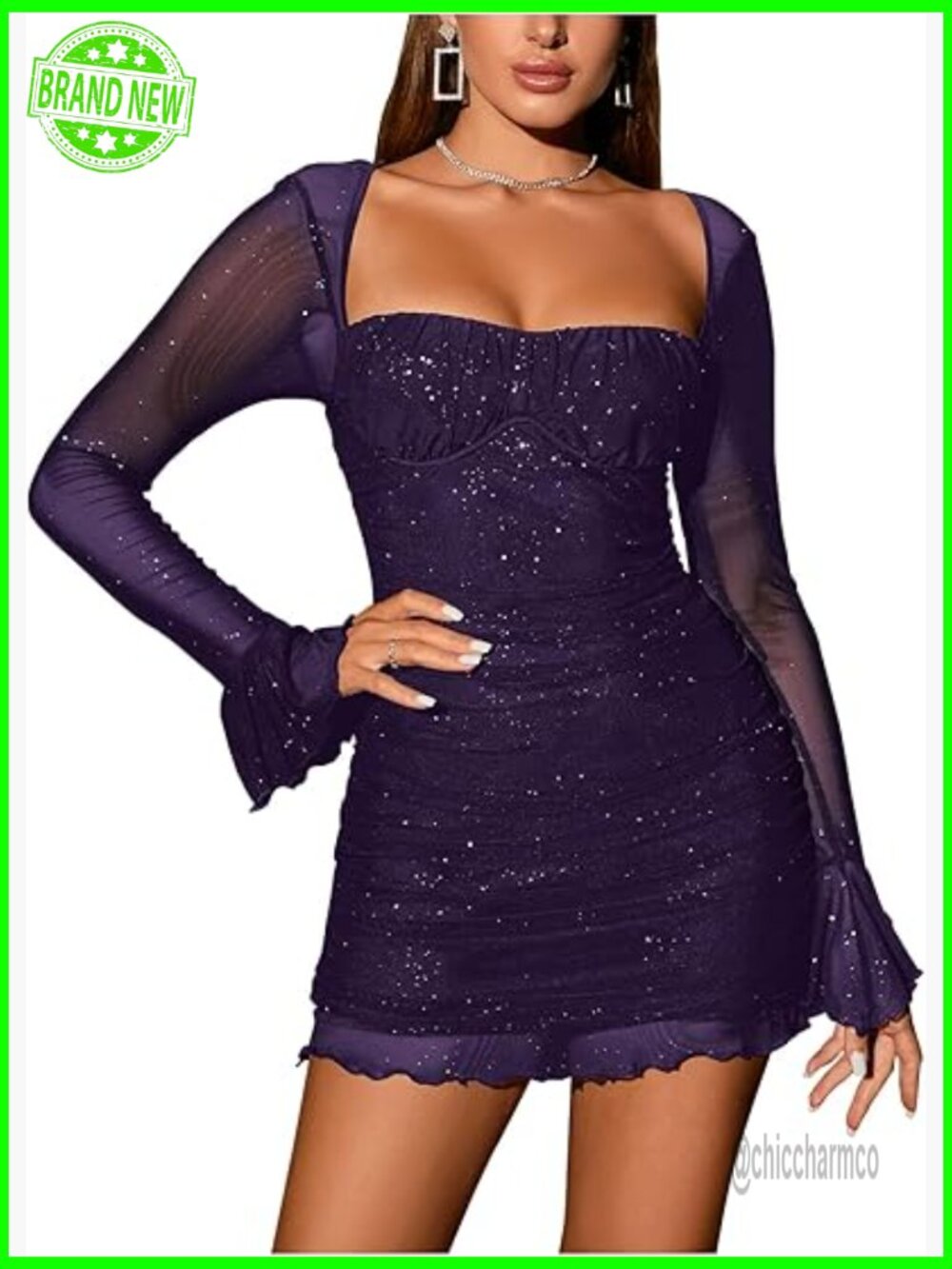Women's Sequin Bodycon Mini Dress Long Sleeve Ruched Party
